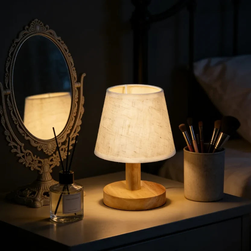 Mini Wood Table Lamp with Linen Shade
