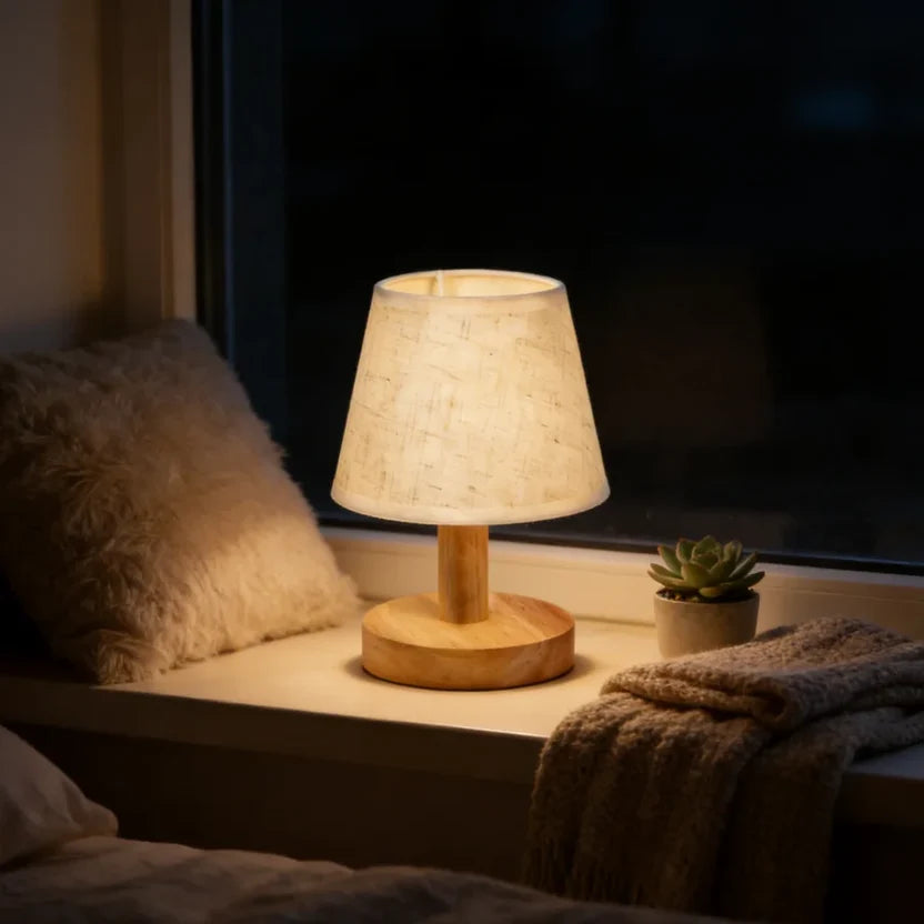 Mini Wood Table Lamp with Linen Shade